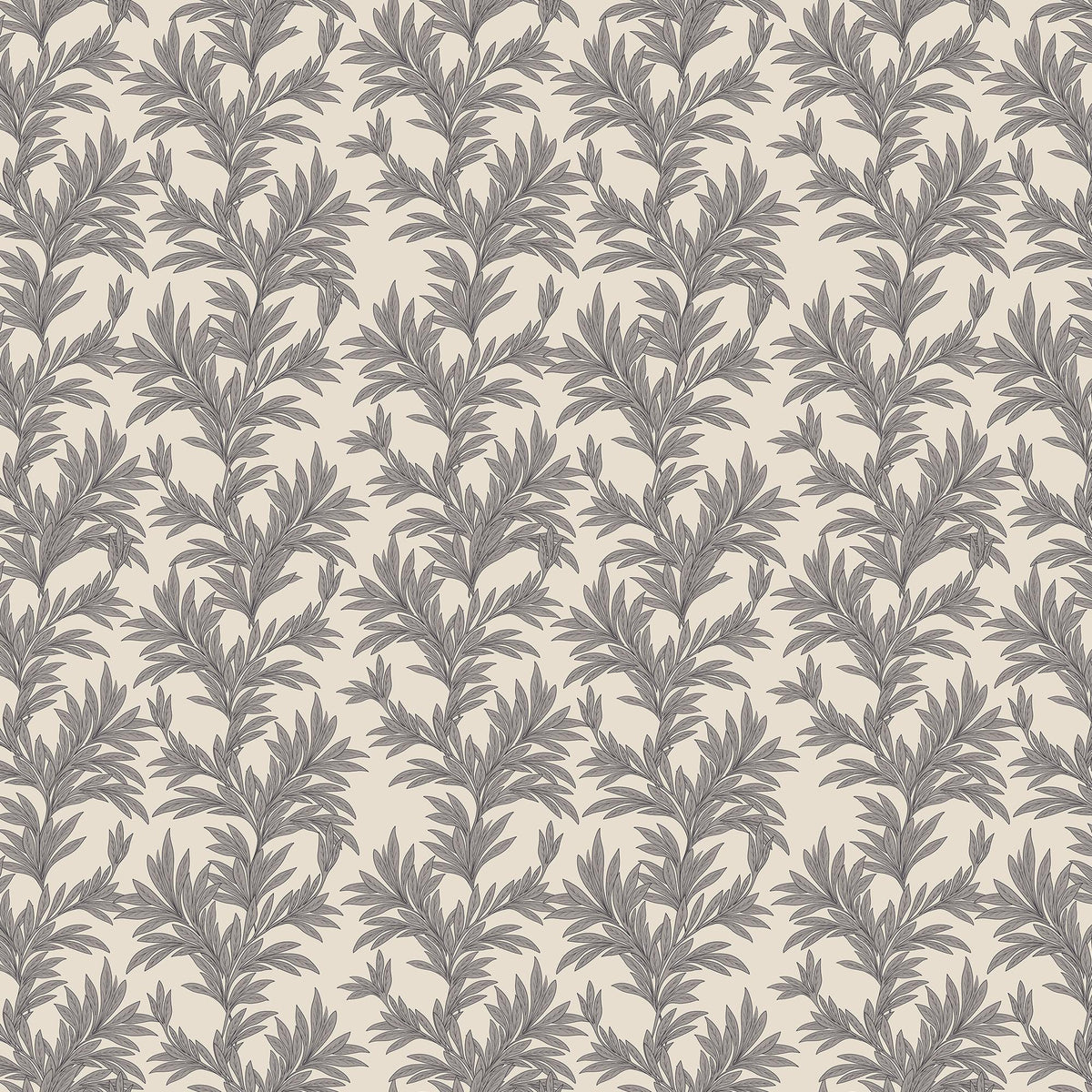 Off-white botanical wallpaper with repeating leafy branch pattern in black tones.
