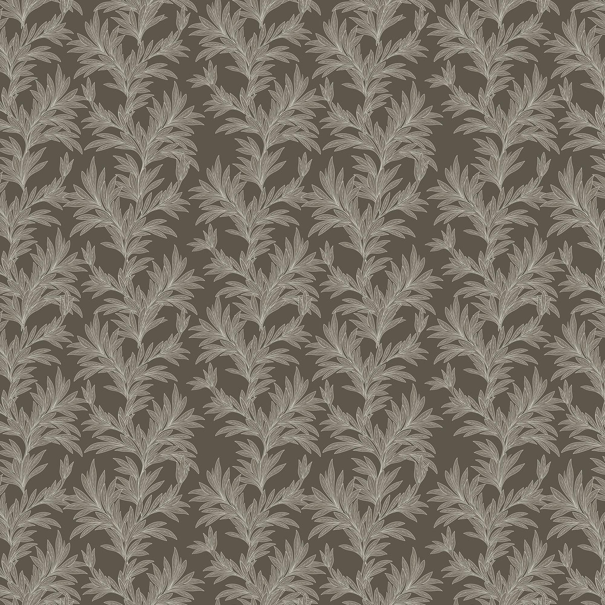 Dark olive green botanical wallpaper with repeating leafy branch pattern in off-white tones.