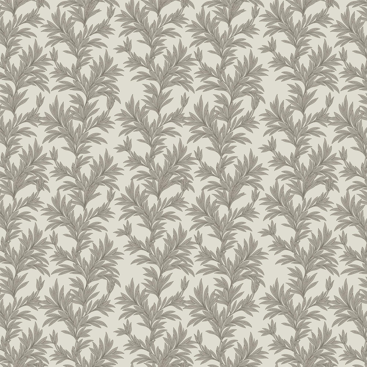 Off-white botanical wallpaper with repeating leafy branch pattern in dark olive green tones.