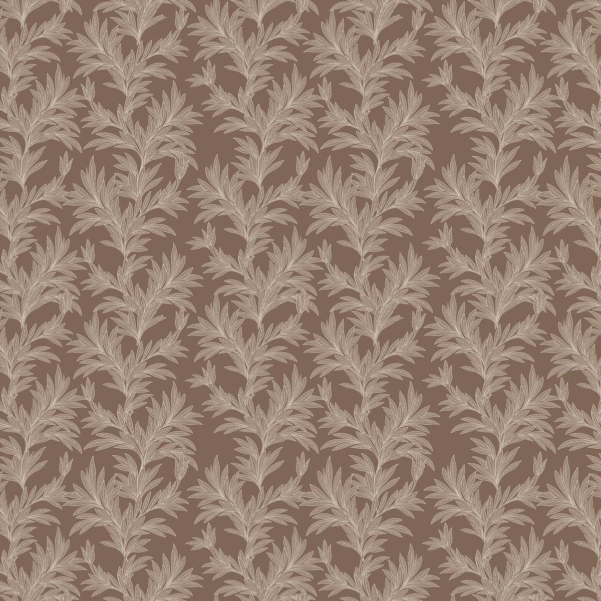 Dark taupe botanical wallpaper with repeating leafy branch pattern in off-white tones.
