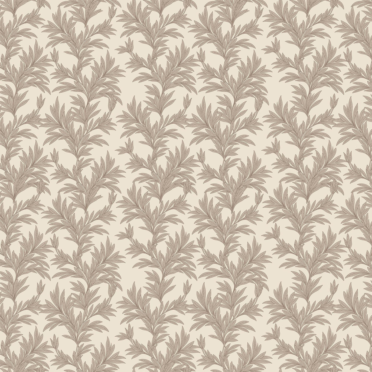 Off-white botanical wallpaper with repeating leafy branch pattern in dark taupe tones.