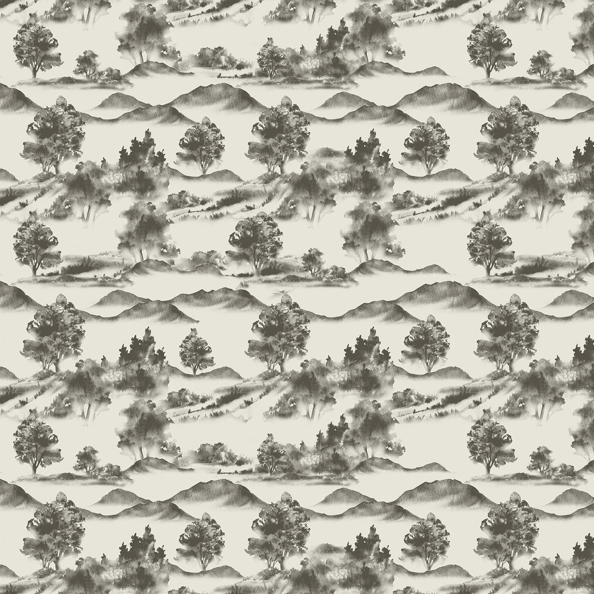 White scenic landscape wallpaper with olive green trees and mountain silhouettes in a repeating pastoral pattern.