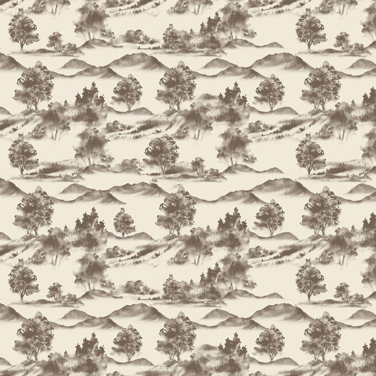 White scenic landscape wallpaper with dark taupe trees and mountain silhouettes in a repeating pastoral pattern.