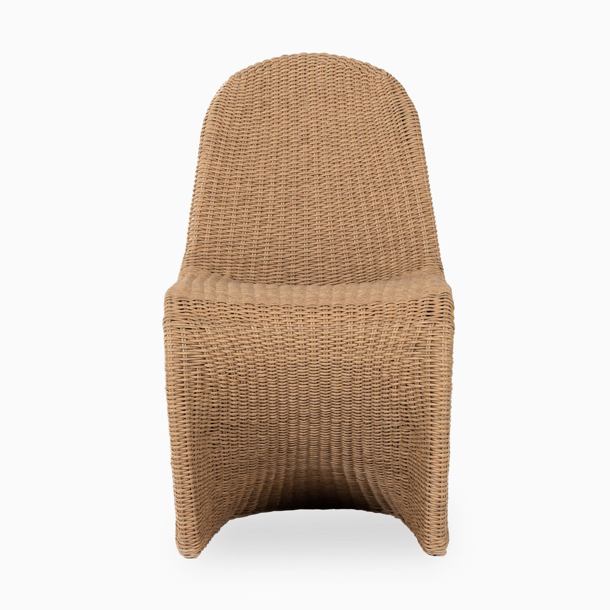 Natural woven wicker outdoor dining chair with an arched back, continuous curved seat, sled-style base, and tightly wrapped rattan texture on a plain white background.
