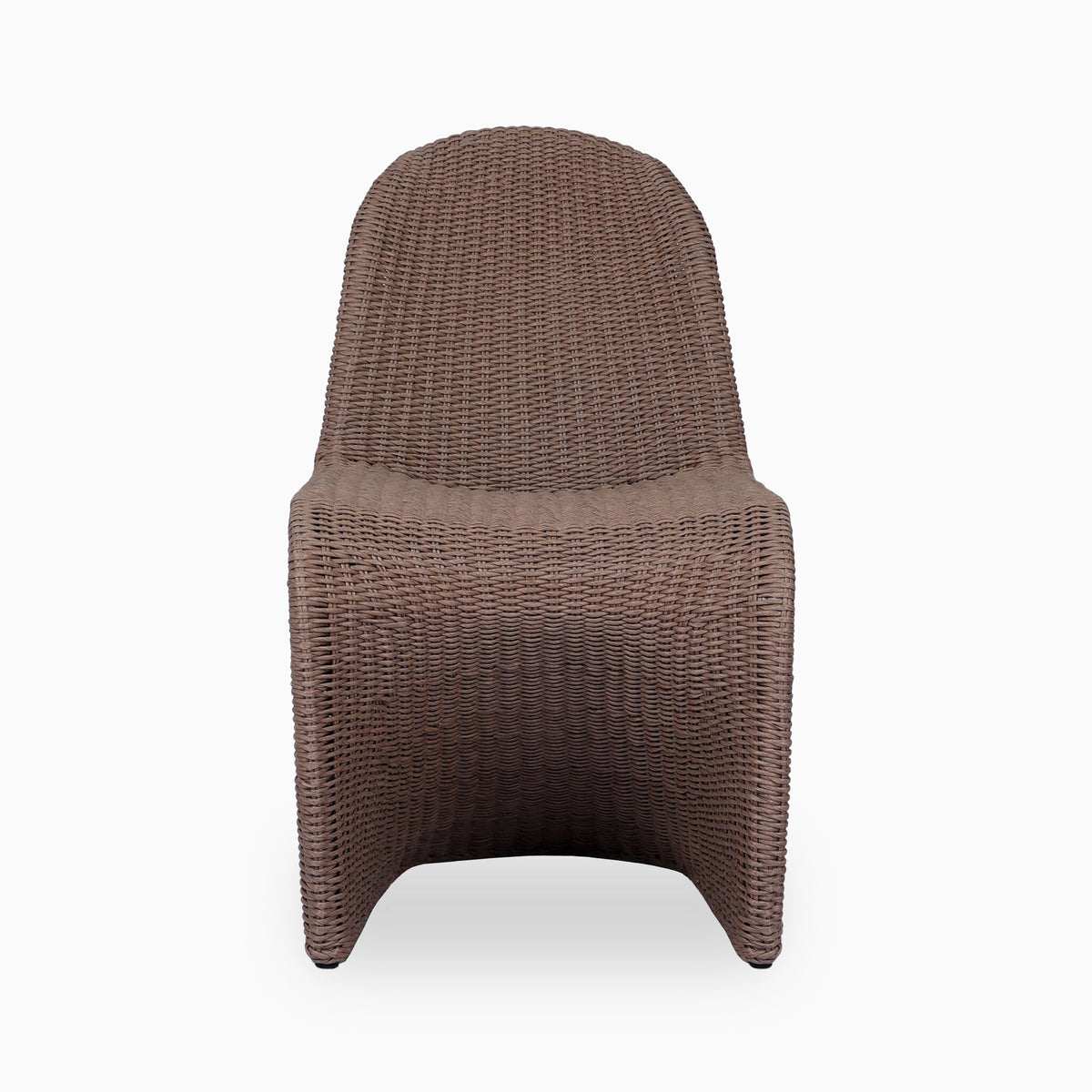 Warm taupe woven outdoor dining chair with an arched back, continuous curved seat, sled-style legs, and tightly wrapped wicker texture.