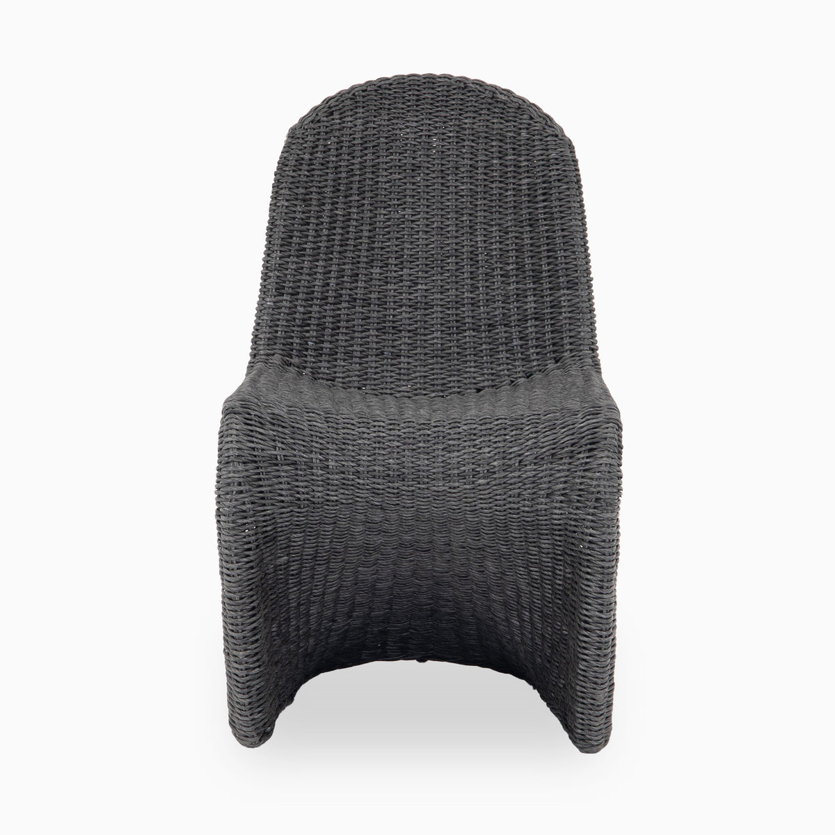 Dark charcoal woven outdoor dining chair with an arched back, continuous curved seat, sled-style legs, and tightly wrapped wicker texture.