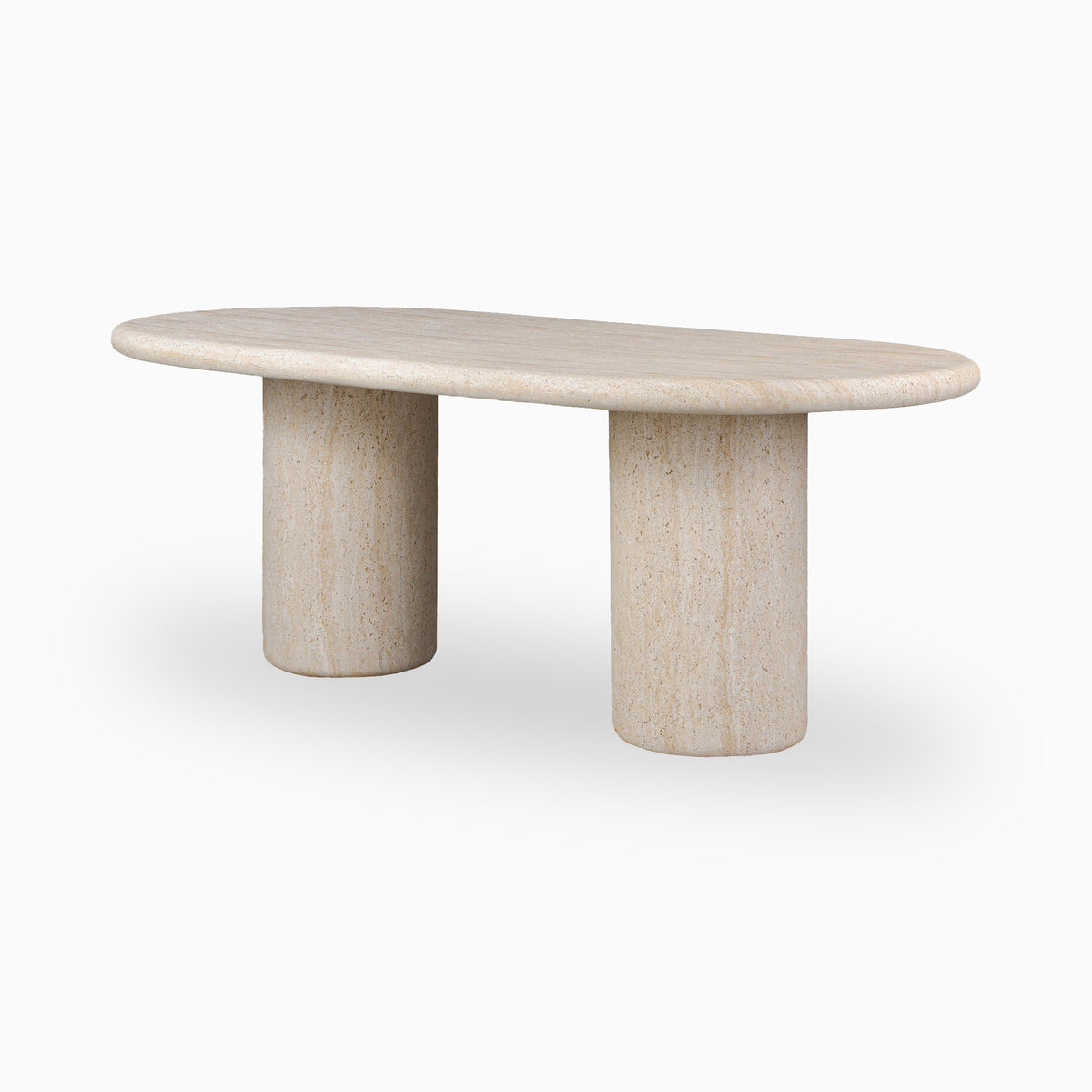 Two broad cylindrical sandy concrete pedestals support the generous oval beige speckled top of our Seabrook Outdoor Dining Table 78" on a clean white background.