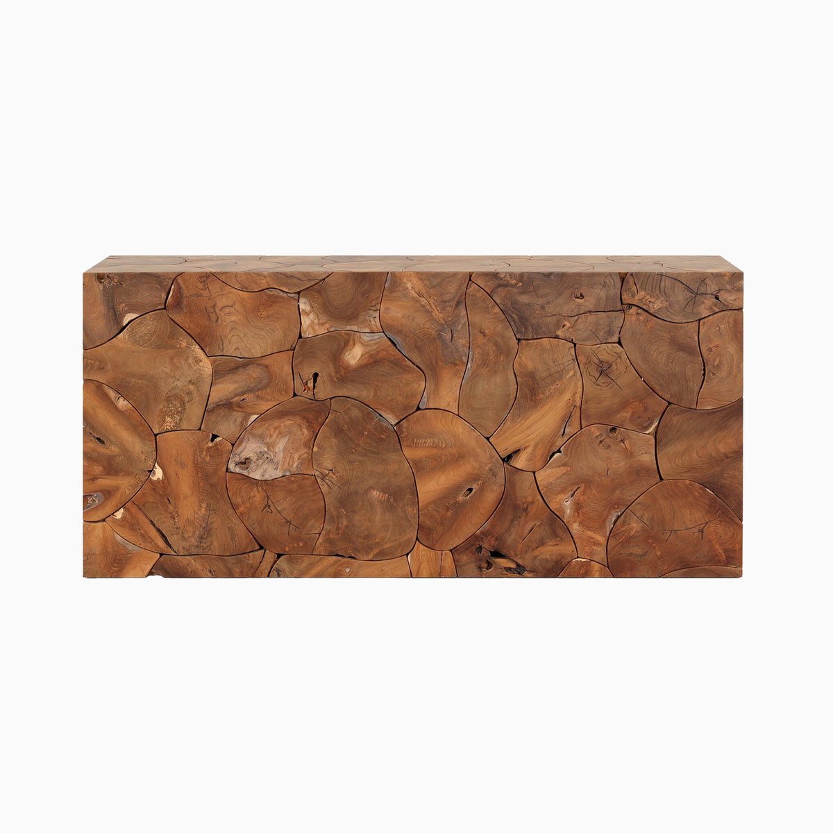 A wide rectangular console covered in a rich mosaic of round teak root slices in warm brown and amber tones defines our Cielo Outdoor Console Table.