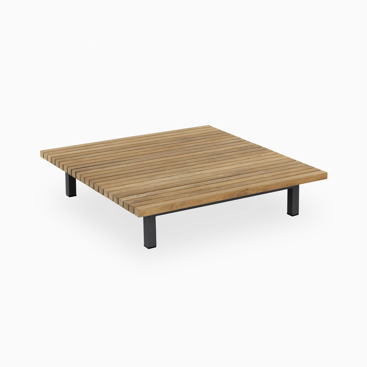 Modern outdoor coffee table with slatted natural wood top and slim black metal legs.