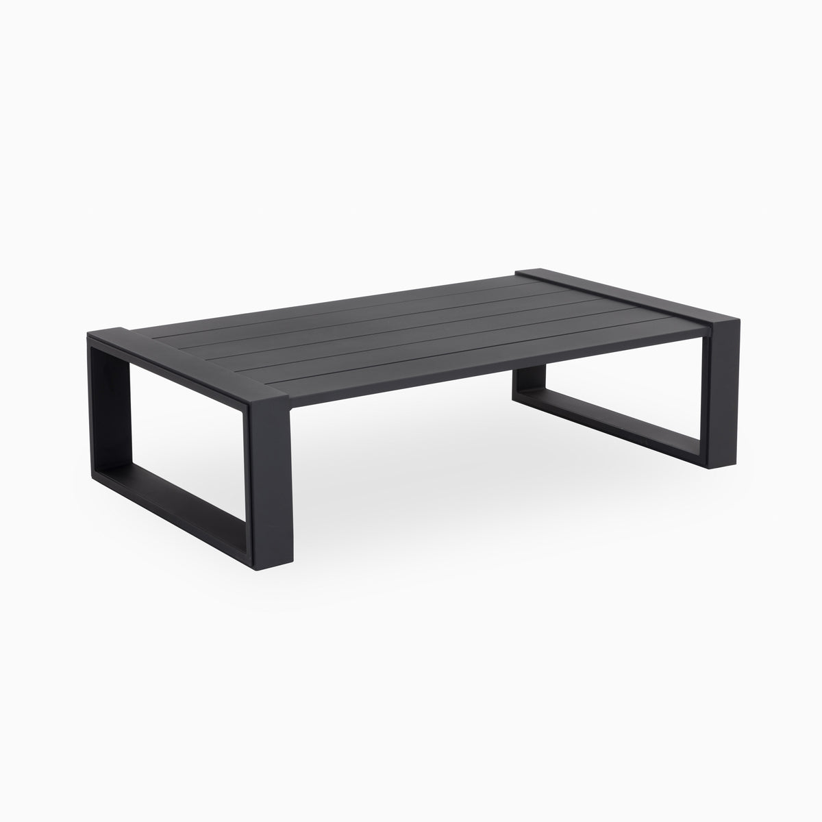 Dark gray aluminum slats run the length of our Rowan Outdoor Coffee Table in Gray, anchored at each end by thick rectangular loop legs on a white background.