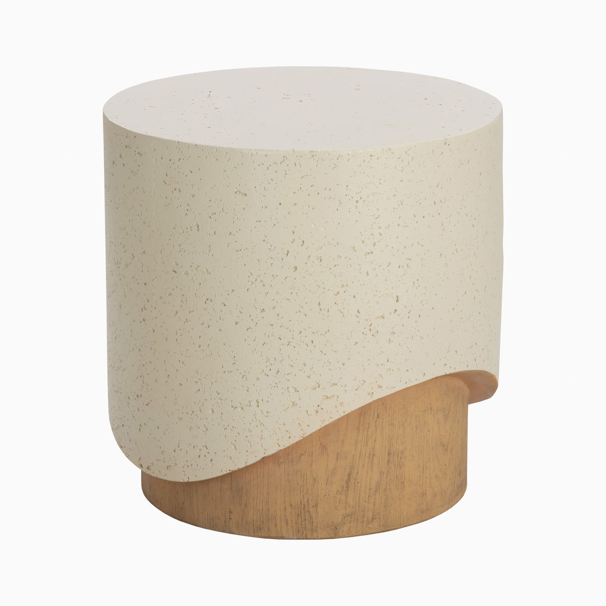 Round outdoor end table with a cream speckled top, curved edge detail, and light wood base on a plain white background.