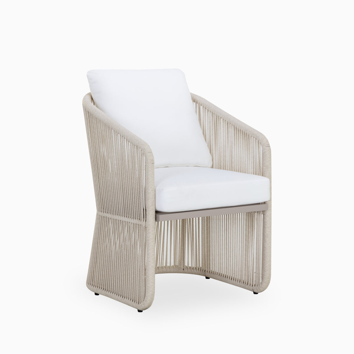 White outdoor dining chair with white cushions, light rope sides, and a slim frame on a plain white background.