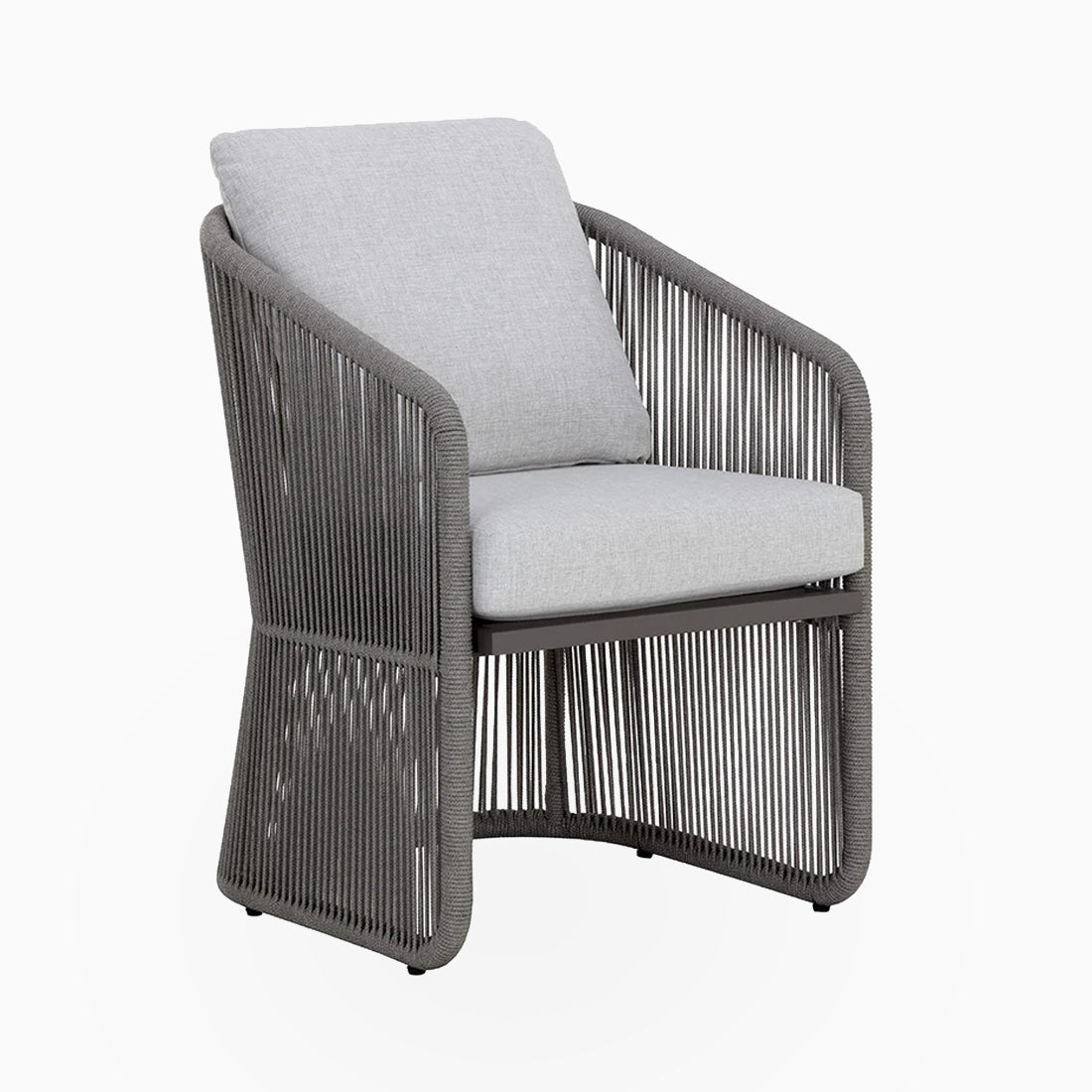 Gray outdoor dining chair with light gray cushions, vertical rope sides, and slim dark frame on a plain white background.