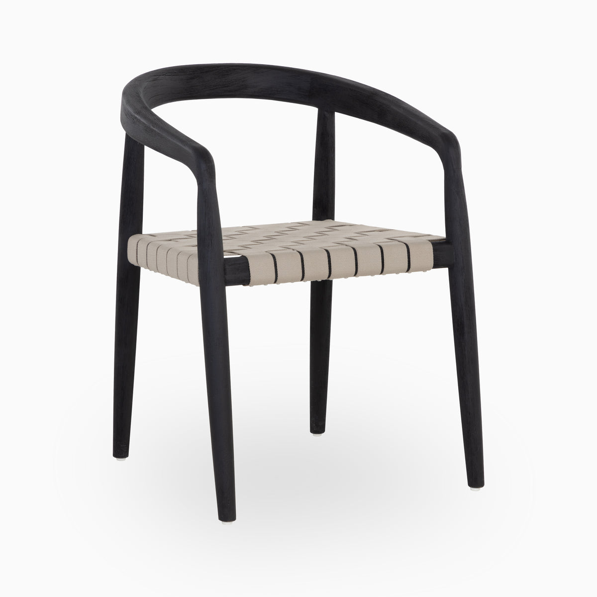 Outdoor dining chair with a charcoal-toned curved teak frame, wraparound backrest, tapered legs, and a warm taupe interlaced strap seat.