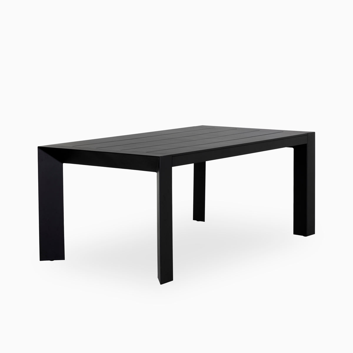 Black rectangular outdoor dining table with a slatted top and wide block legs on a plain white background.