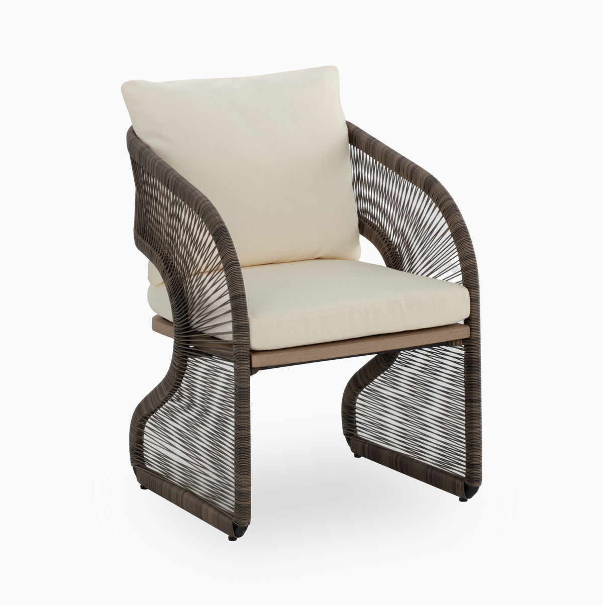 Outdoor dining chair with cream back and seat cushions, taupe polyrod woven over a black aluminum frame, curved loop arms, sled-style legs, and a light brown teak seat base.