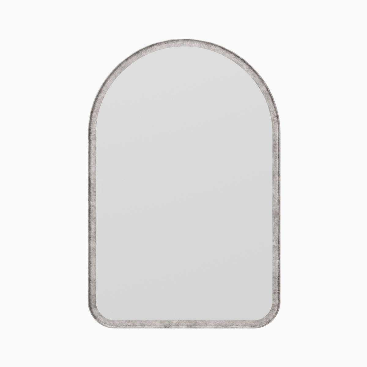 Arched mirror with a classic silhouette, framed by a narrow border finished in a rustic, light metallic sheen.