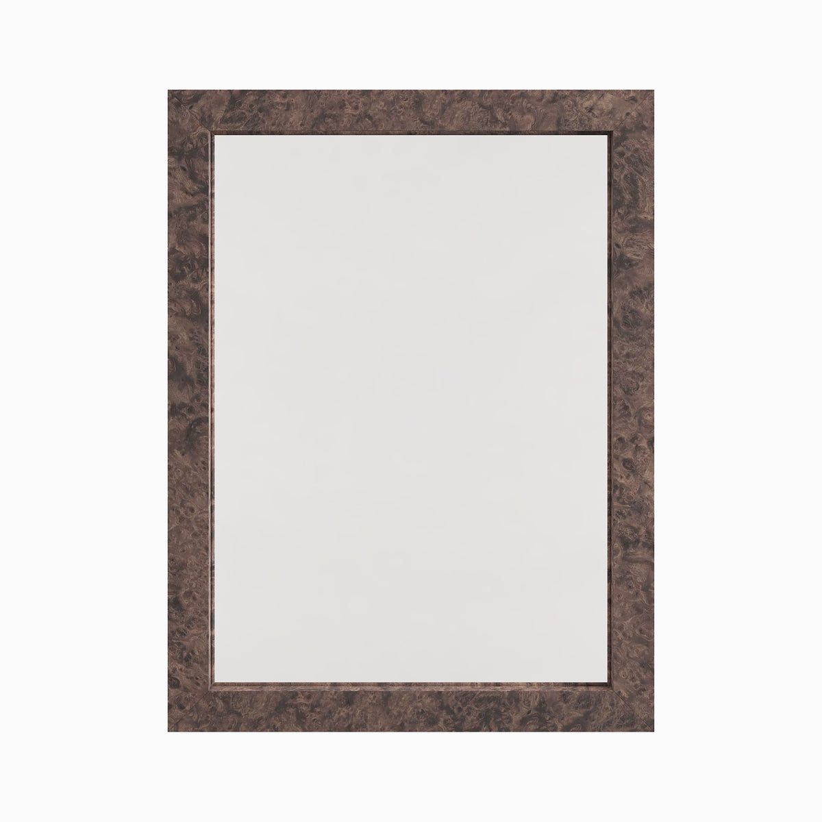 Rectangular mirror with a timeless silhouette, framed in dark burl wood veneer with rich swirling grain patterns.