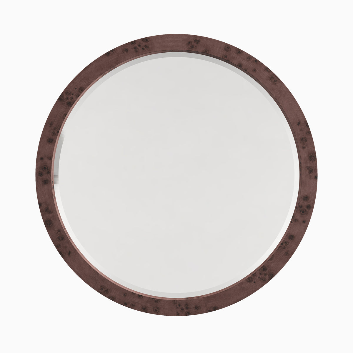 Round mirror framed in dark burl wood veneer, showcasing swirling grain patterns and rich tonal variation.