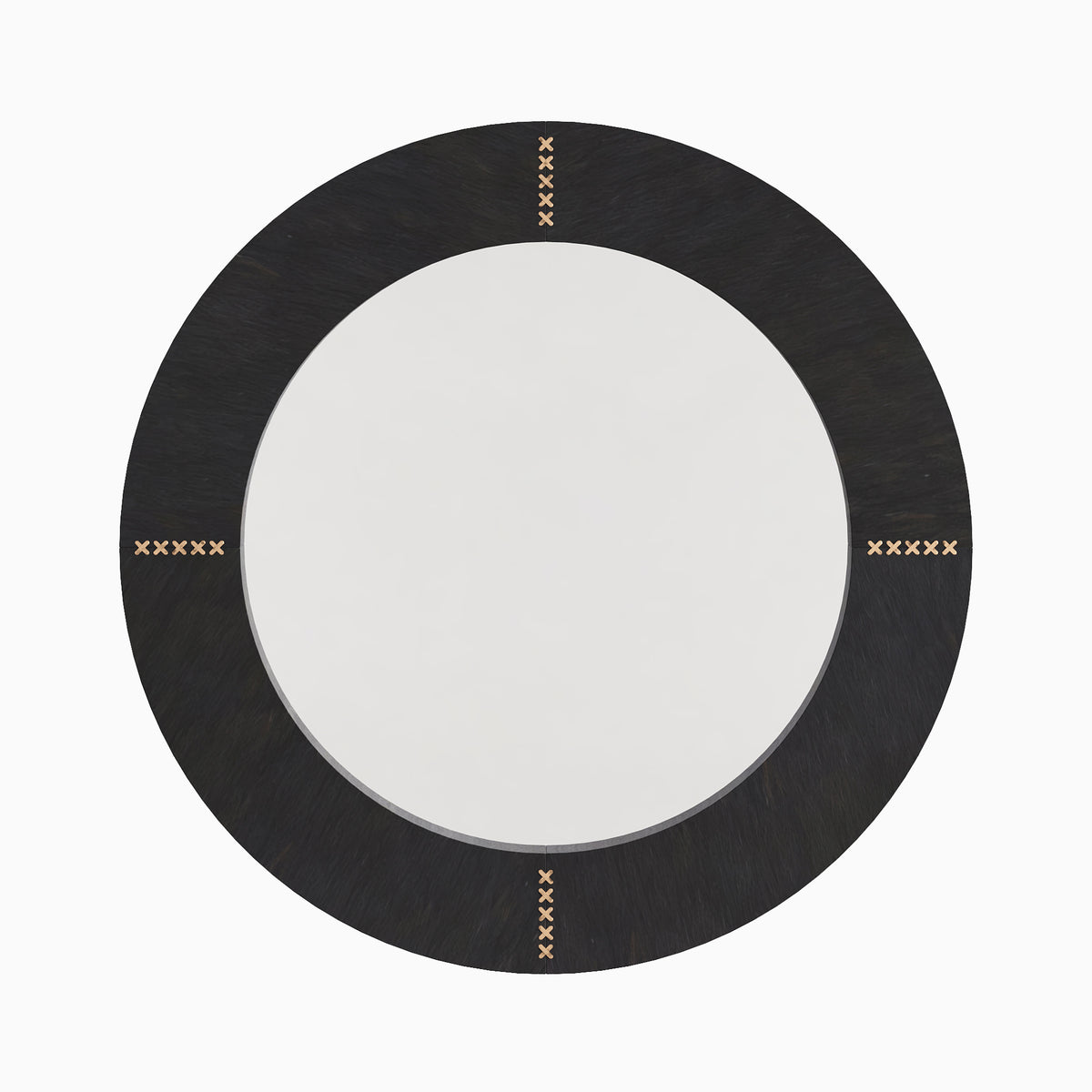 Round mirror wrapped in dark brown cowhide with rich tonal depth and antique brass rivet accents inspired by classic saddle craftsmanship.