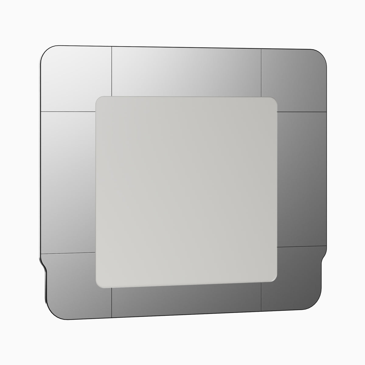 Large rectangular mirror with softly rounded corners, seamlessly encircled by a fully mirrored frame.