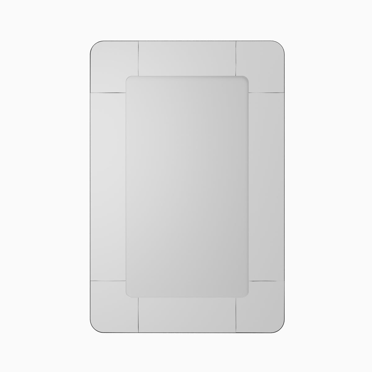 Small rectangular mirror with softly rounded corners, seamlessly encircled by a fully mirrored frame.