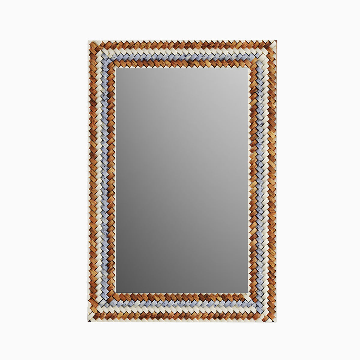 Rectangular mirror set in a solid teak frame, inlaid with buffalo bone in a woven pattern of cream, soft blue, and warm brown tones.