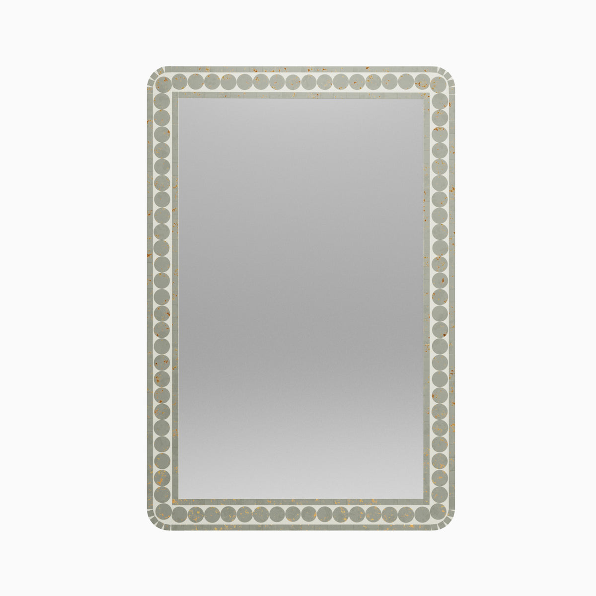 Rectangular mirror with a delicately distressed sage green painted glass frame, accented by repeating circular detailing.
