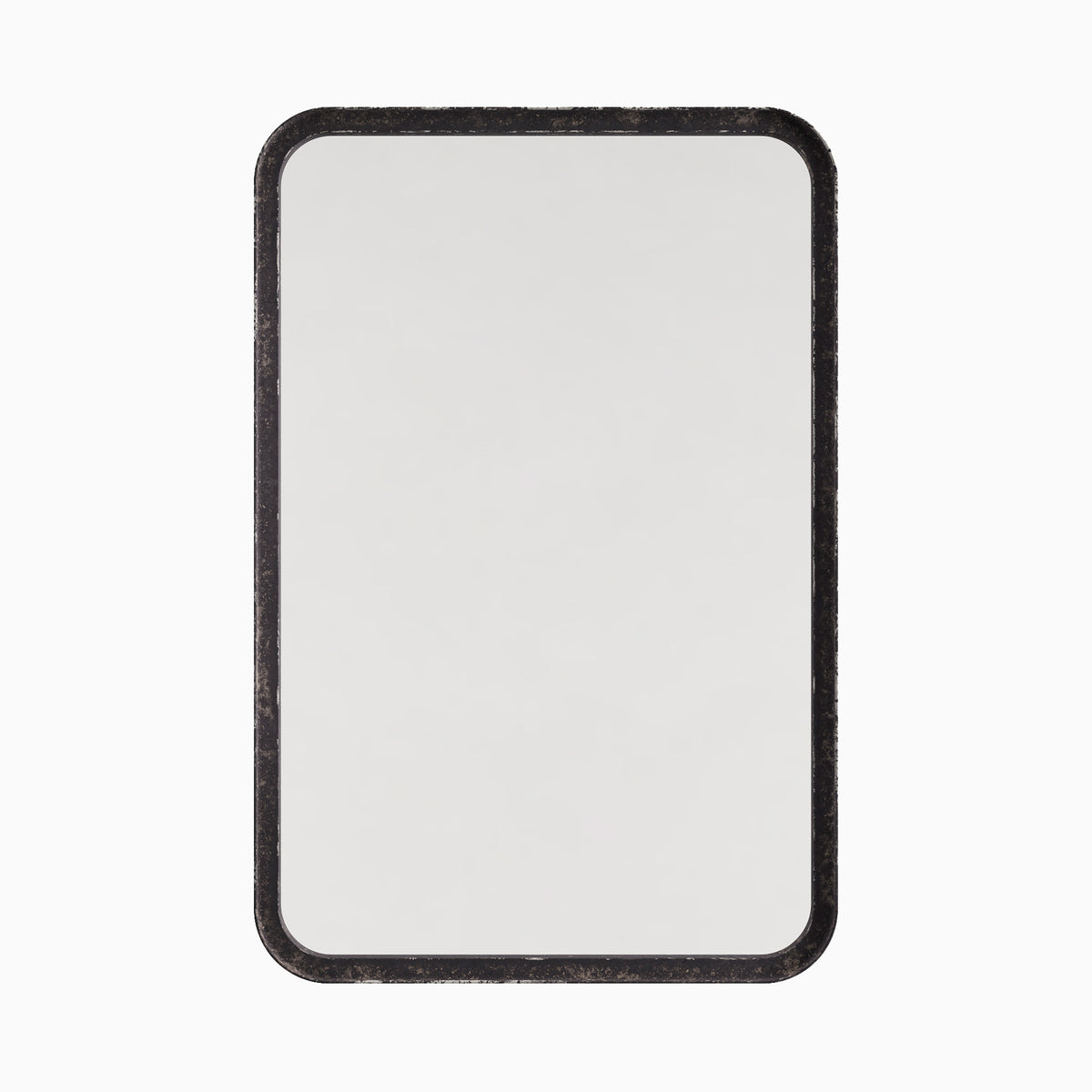Rounded rectangular mirror with a classic silhouette, framed by a narrow border finished in a rustic, dark metallic sheen.