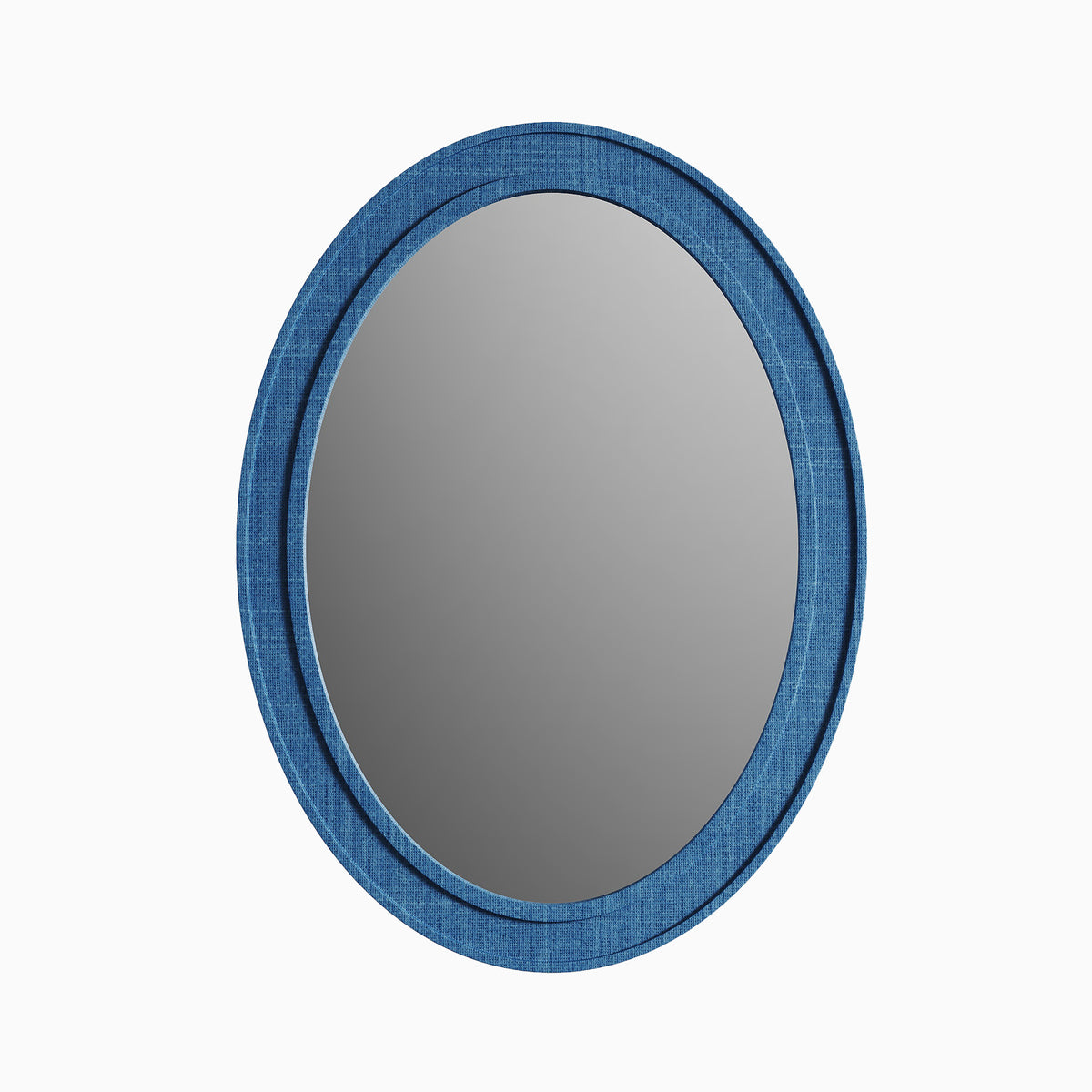 Oval mirror with a classic silhouette, framed in handwoven blue raffia that adds natural texture and depth.