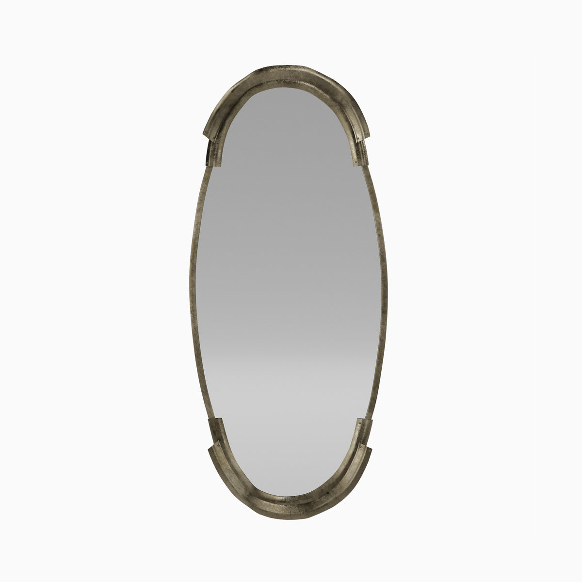 A slender oval mirror with chic arched detailing and an antique silver finish, featuring a rustic, timeworn aluminum sheen with effortless Parisian charm.