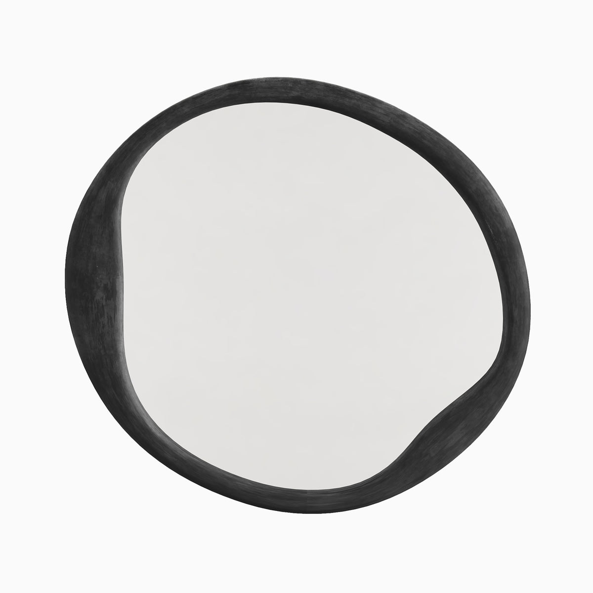 Round wall mirror with an organically contoured black metal frame, featuring a soft matte finish and sculptural curves for a bold modern accent.
