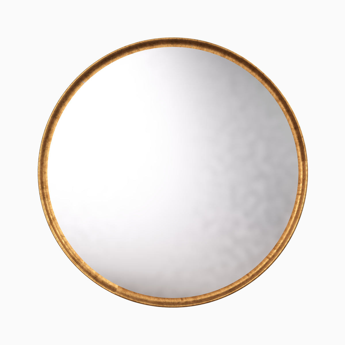 Thoughtfully sized for compact walls or layered spaces, the Evelora Mirror in Gold Leaf showcases a round silhouette with a slim iron frame and a softly shimmering rustic finish.