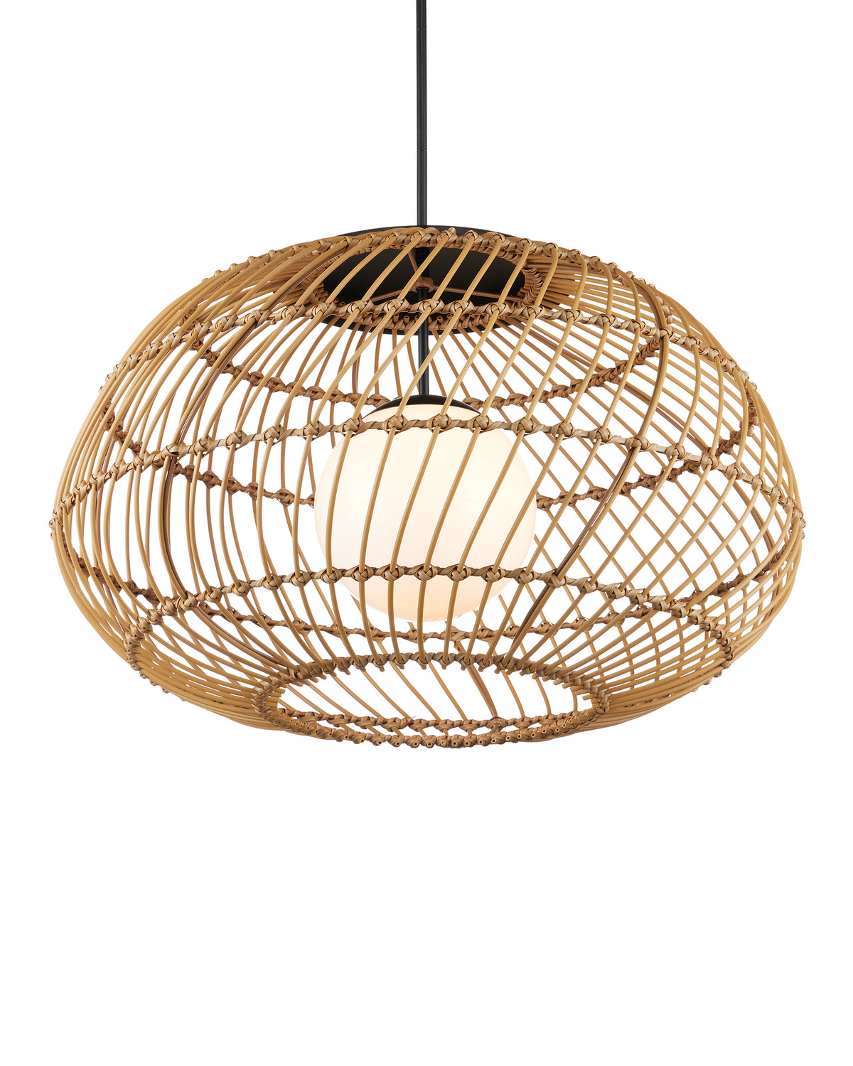 Suspended from a slim black rod, our Kendall Outdoor Pendant features a broad domed honey brown open-weave wicker shade with a warm white milk glass light within.