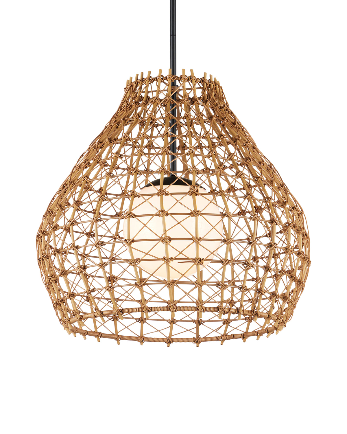 Woven rattan pendant light with an open lattice shade and glowing round bulb on a plain white background.