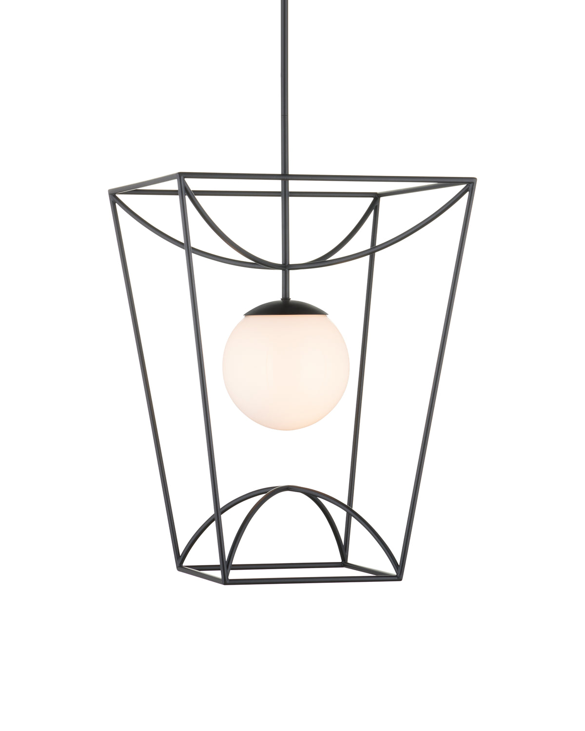 Medium lantern pendant with an open black tapering metal frame, inward-curving arc details, a slender hanging rod, and a milky white glass globe centered inside.