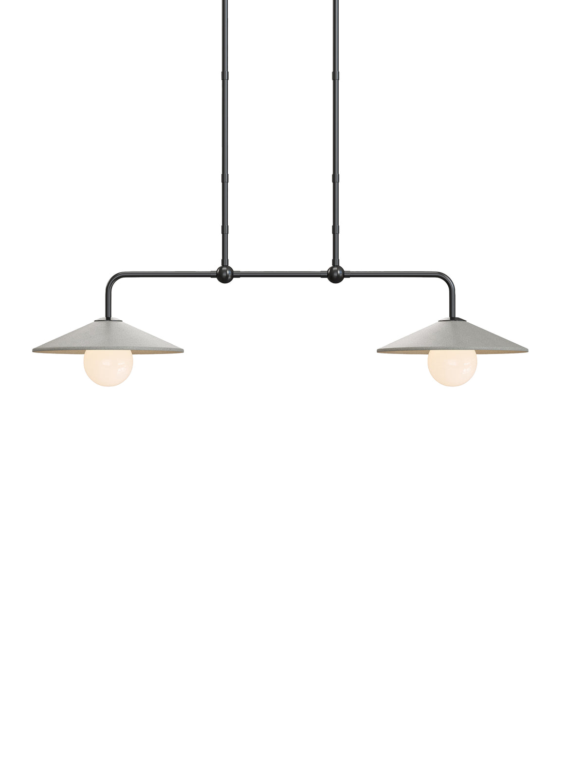 Double pendant light with a black linear frame, extendable rod, beige tapered concrete shades, and glowing globe bulbs.