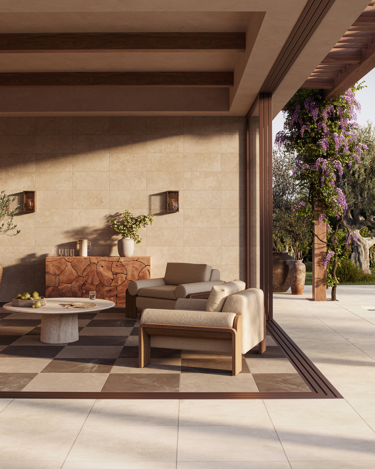 Leona 24 x 24 Checkerboard Matte Porcelain Tile in Marfil and Amani Bronze