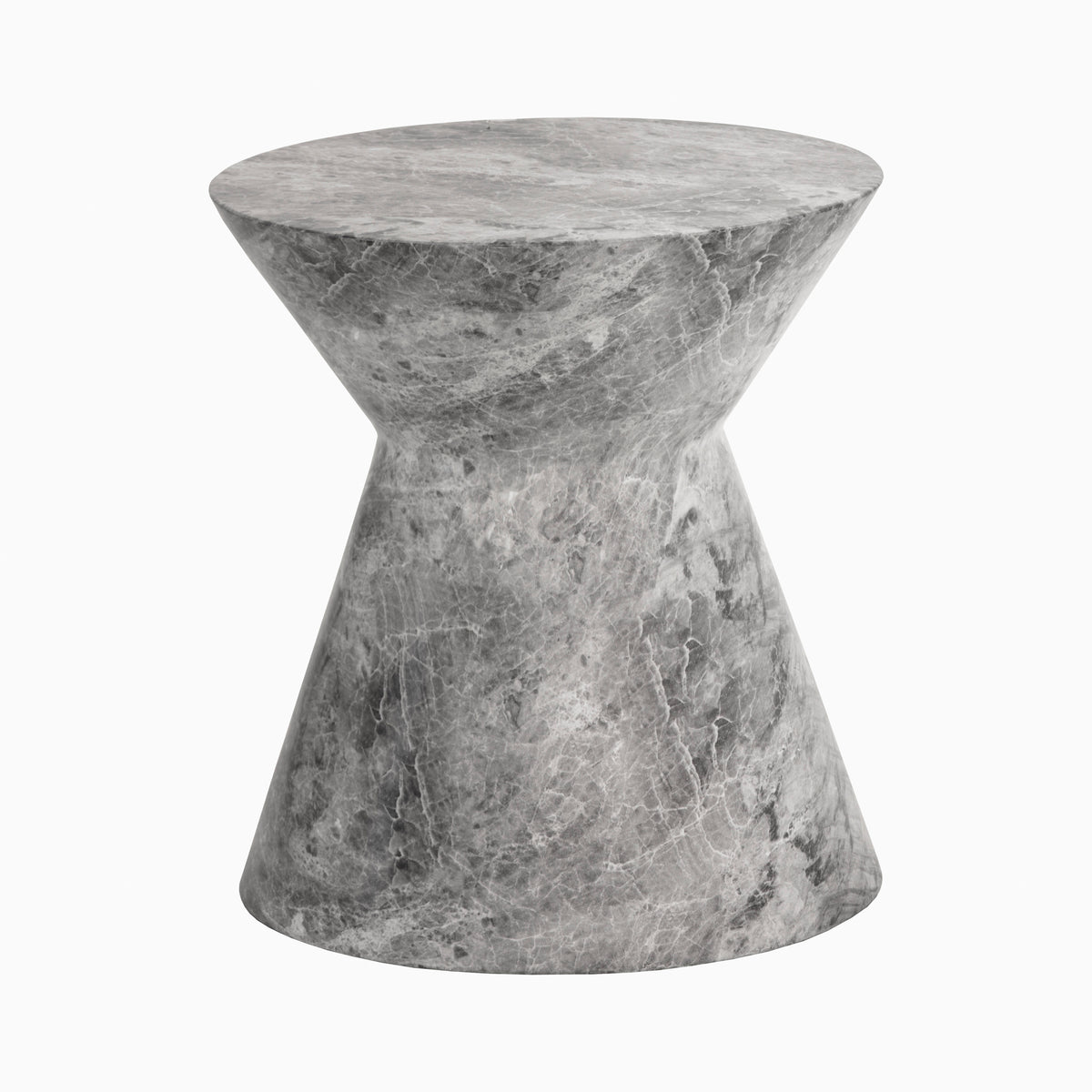 Gray marble look hourglass end table with sculptural shape and dramatic white veining.