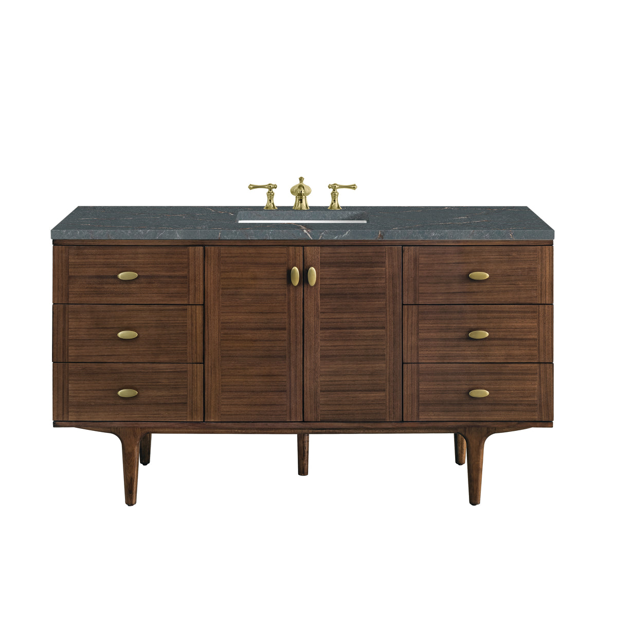 A 60 inch single vanity in mid-century walnut with warm horizontal wood grain, six drawers and a center cabinet, finished with a 3 cm Parisien Bleu quartz countertop.