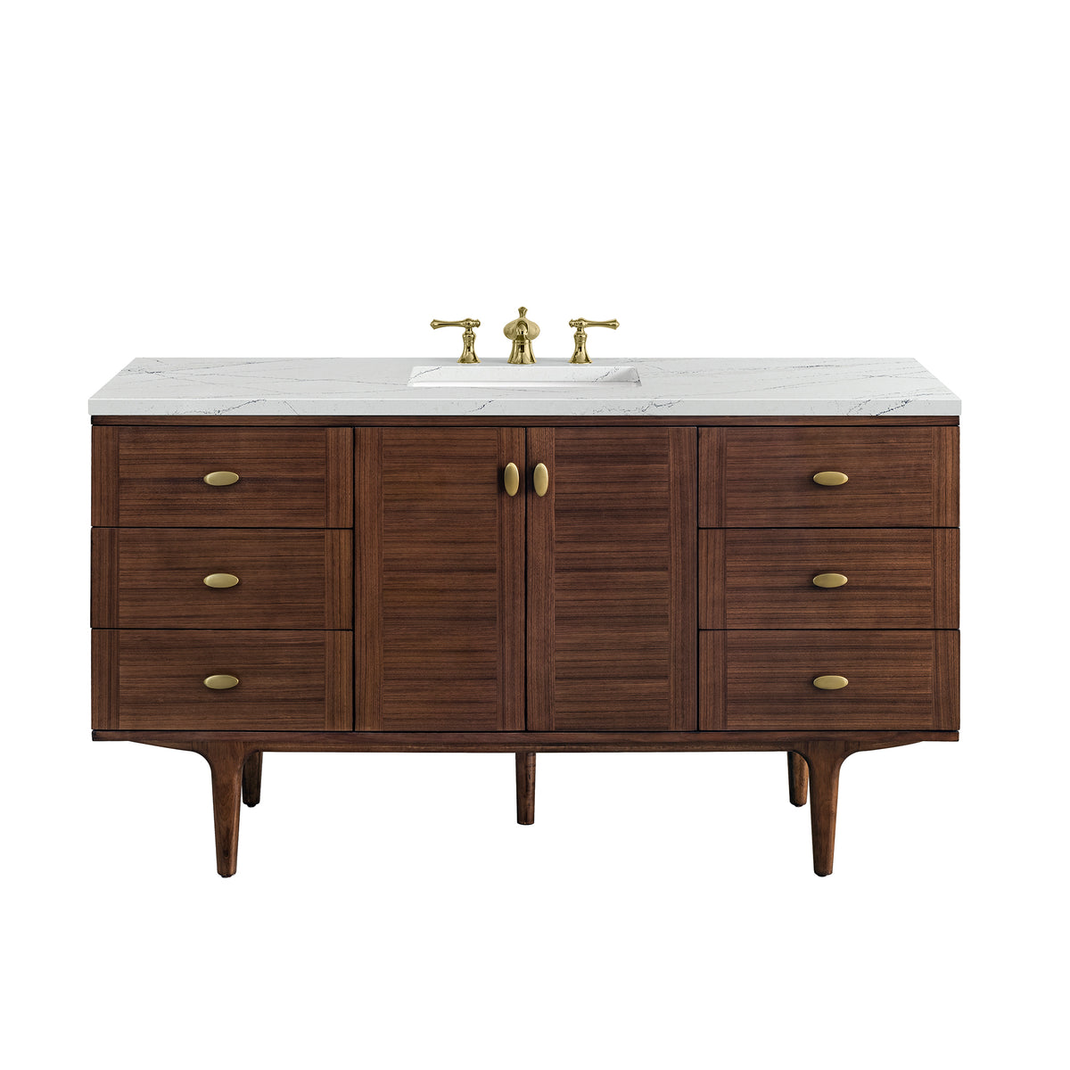 Sized at 60 inches, this Demi single vanity in mid-century walnut features textured wood cabinetry with six drawers and center doors, topped with a 3 cm Ethereal Noctis quartz top.