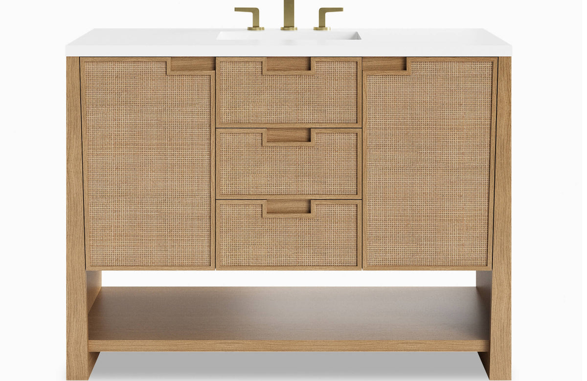 Modern 48 Inch Vanity featuring a warm wood frame with woven cane drawer and cabinet fronts, a clean white countertop, and an open lower shelf that blends natural texture with contemporary bathroom design.