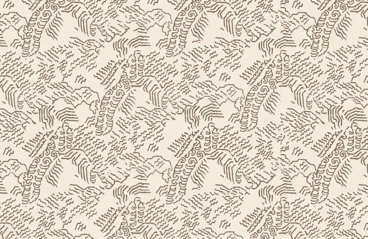 Modern wallpaper with an abstract animal and geometric line pattern in taupe over a warm cream background, creating a hand-drawn textured design.