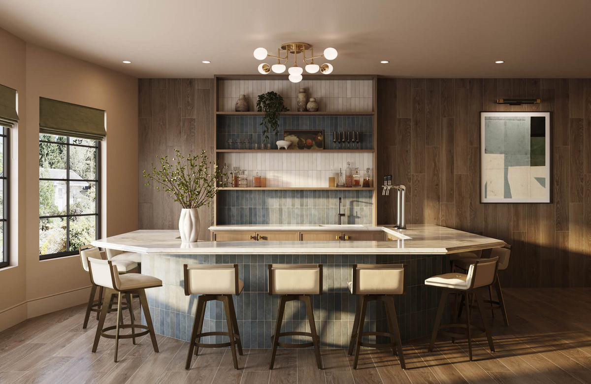 Warm modern dining area with wood-look tile floors, blue vertical tile accents, and a marble countertop surrounded by cushioned stools, creating an inviting entertainment space.