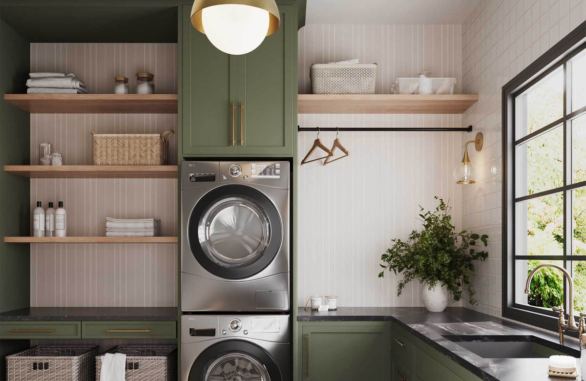 Vertical striped wallpaper in a laundry room adds subtle texture and height, showing how simple patterns can support function and visual balance in everyday spaces.