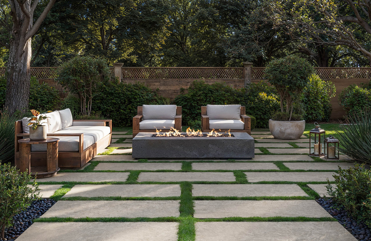 Landscaped backyard patio with wooden outdoor sofa and chairs around a fire feature, showing durable materials suited for sun and seasonal weather exposure