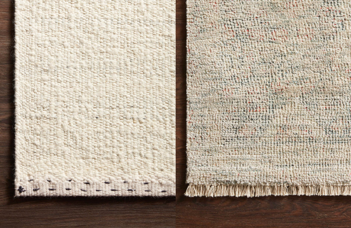 Close-up comparison of wool blend and cotton blend rug edges, showing looped texture on one side and flatwoven fringe detail on the other.