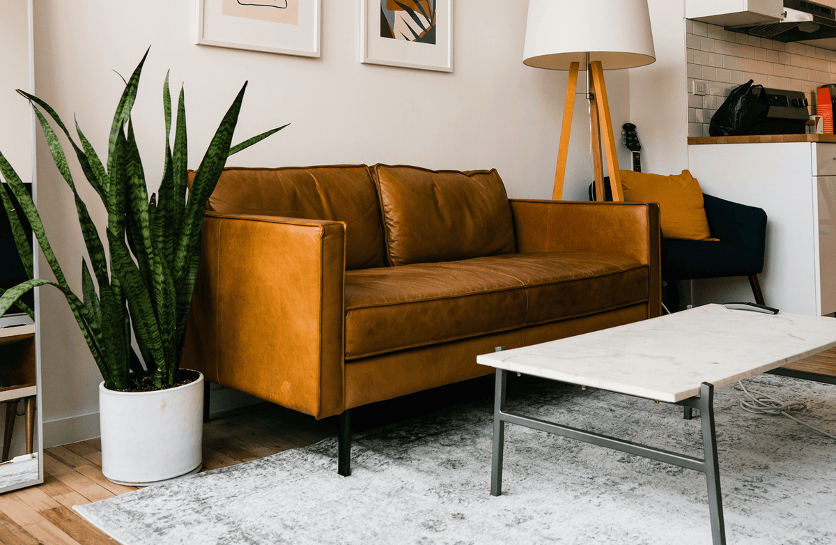 Mid-century living room with tan leather sofa, gray rug, marble coffee table, snake plant, tripod lamp, and wall art.