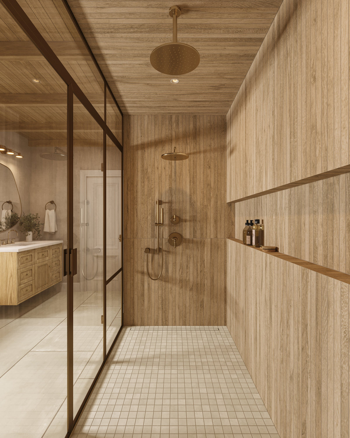 Elegant bathroom showcasing hexagonal mosaic shower floor tiles in soft earthy tones, paired with deep green wall tiles and a natural wood vanity adorned with a floral arrangement