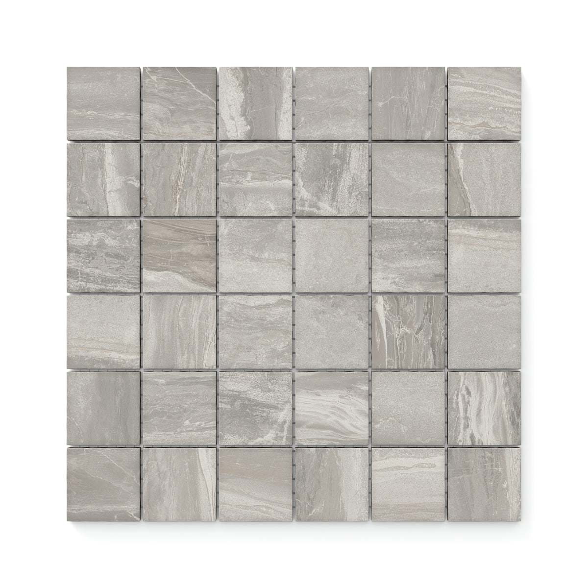 A mosaic arrangement of Harley Taupe 2x2 matte tiles, featuring earthy taupe shades and natural veining for a timeless, elegant appeal.